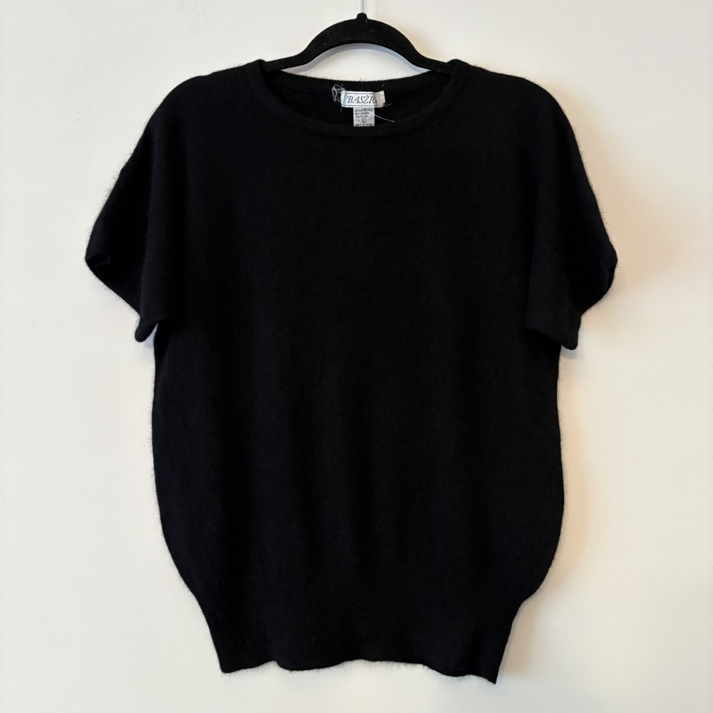 NWT Lambswool Angora Short Sleeve Knit Sweater Black L Quiet Luxury Minimalist
